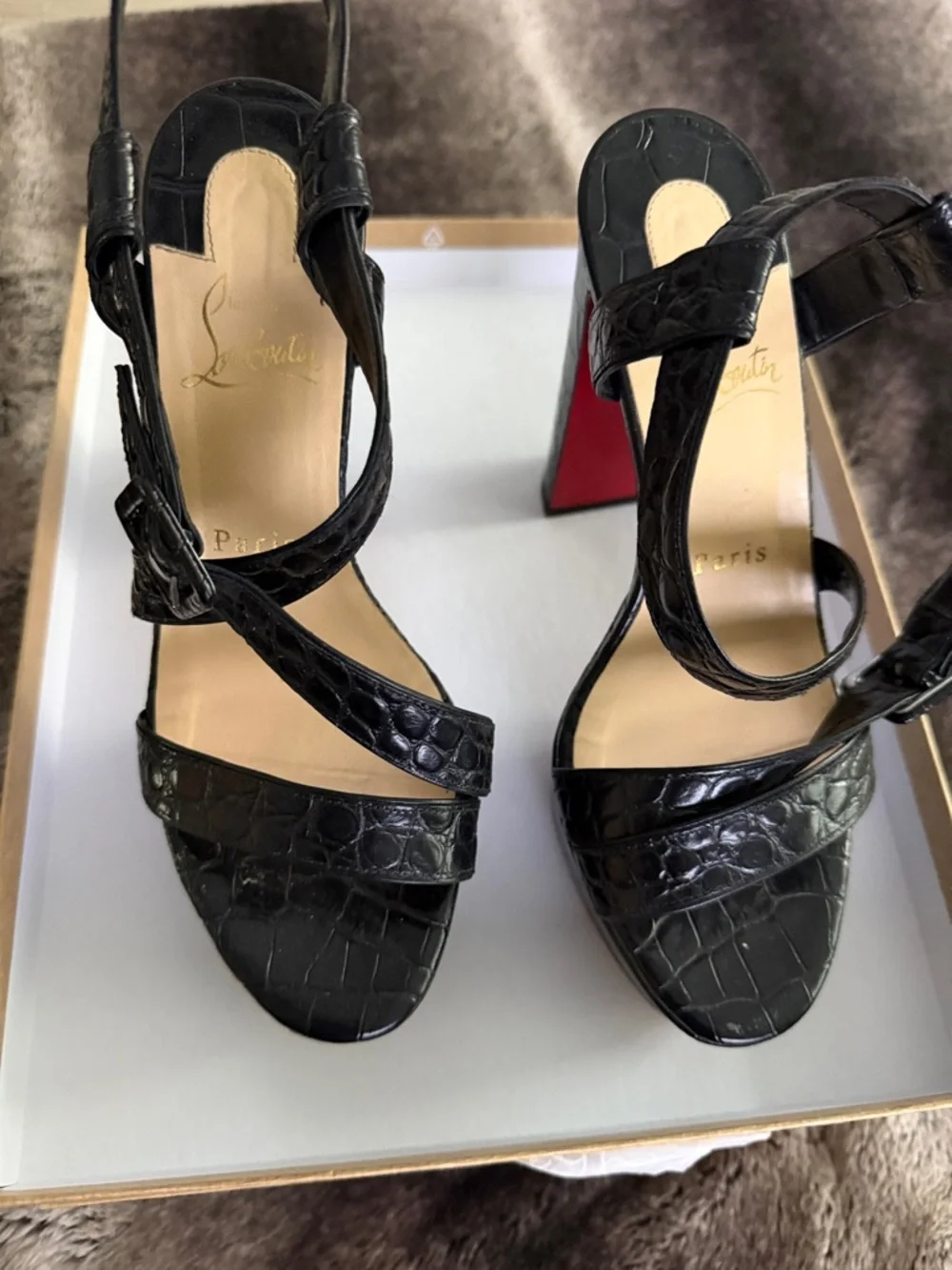 Christian Louboutin Black Croc-Embossed Leather Strappy Heels with Red Sole - Picture 1 of 4